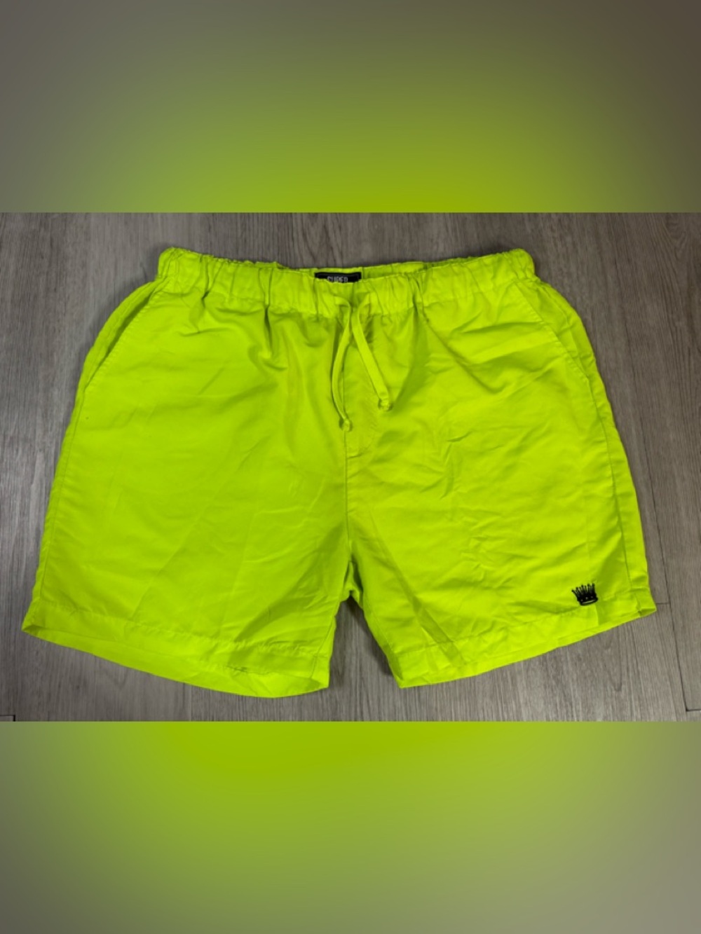 Super Massive Shorts Mens Neon Yellow Swim Trunks Quick Dry Embroidered Crown M